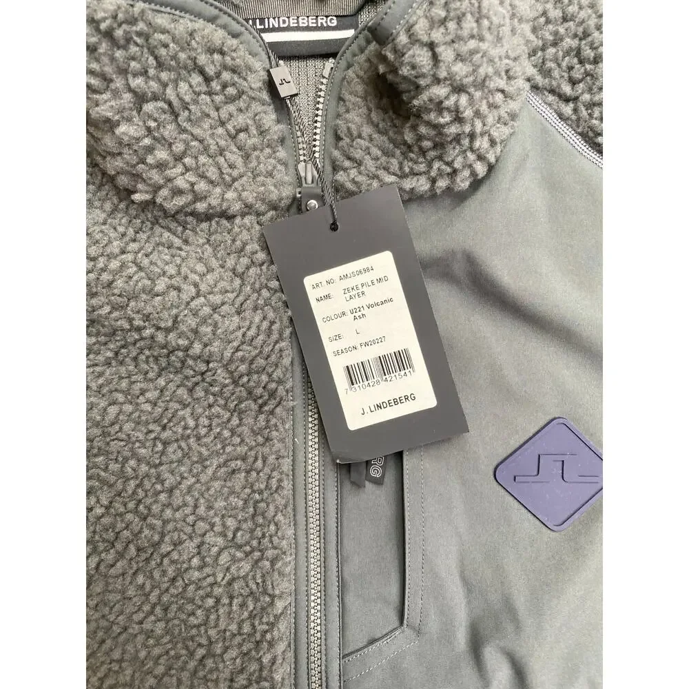 NWT J.Lindeberg Mens Zeke P Mild Layer Volcanic Ash (Gray), L, Fuzzy Full Zip,